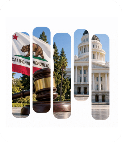 California state flag, judge gavel and the California State Capitol representing labor law compliance for recruiting agencies